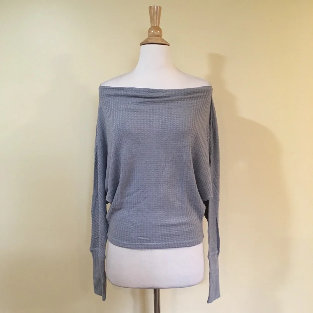 Off Shoulder Soft Stretchy Waffle Knit Sweater Top Grey - Picture 2 of 4